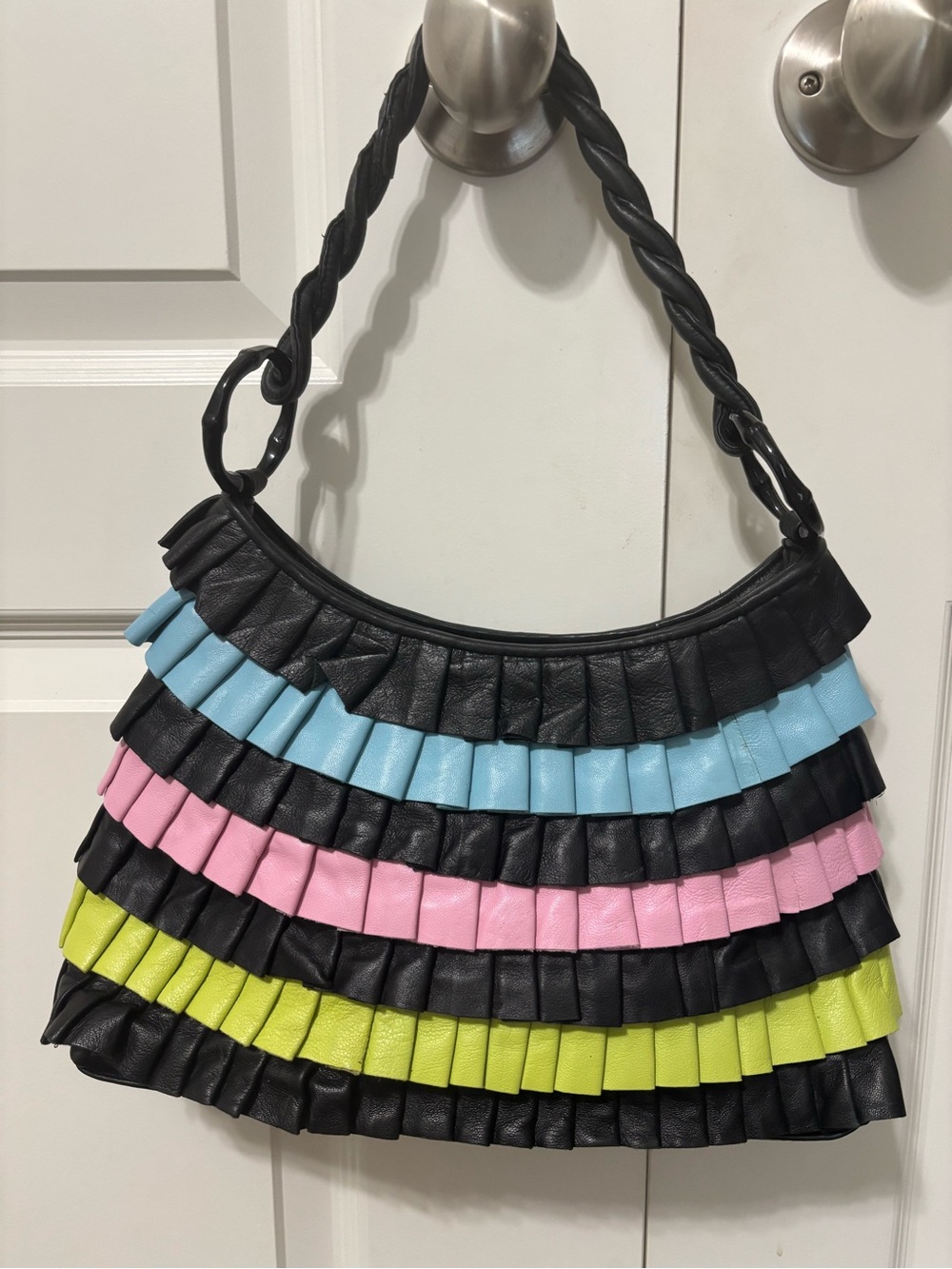 Inge Handbag Purse Satchel Leather Tiered Ruffles Black Blue Pink Green Bamboo